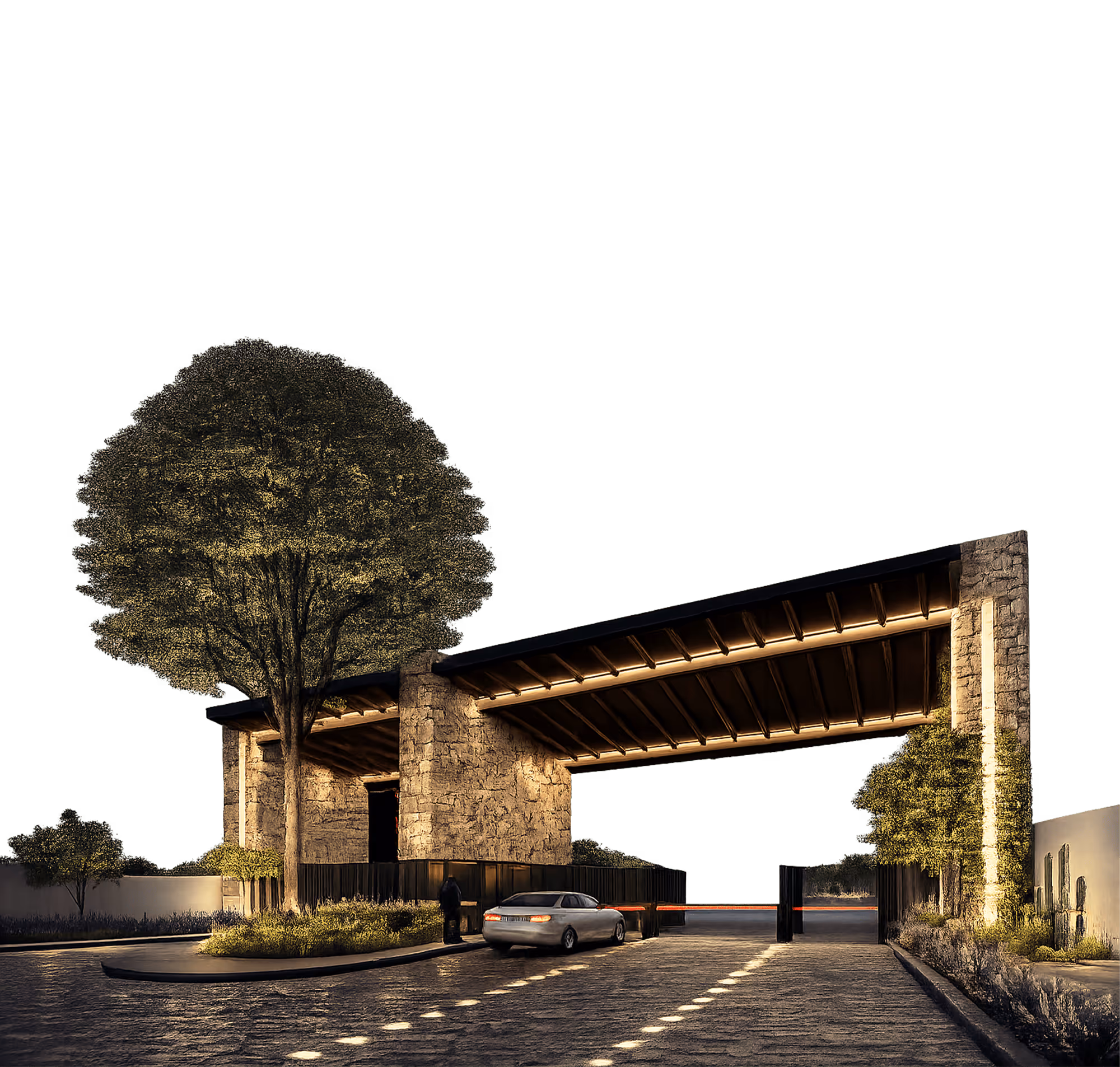 Entrada moderna iluminada de piedra con techo inclinado, árbol grande y automóvil blanco pasando una barrera en un camino pavimentado.