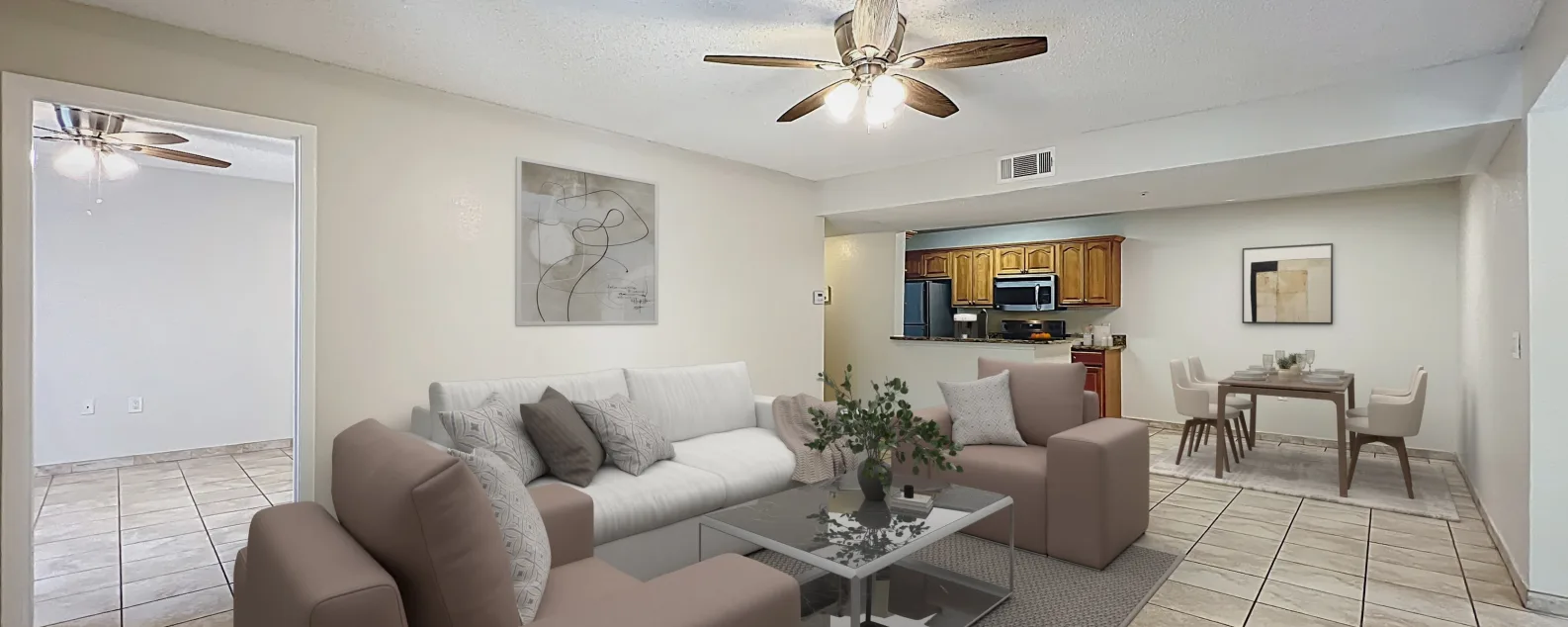View of Living area with virtual staged furniture including tv, coffee table, and sofa