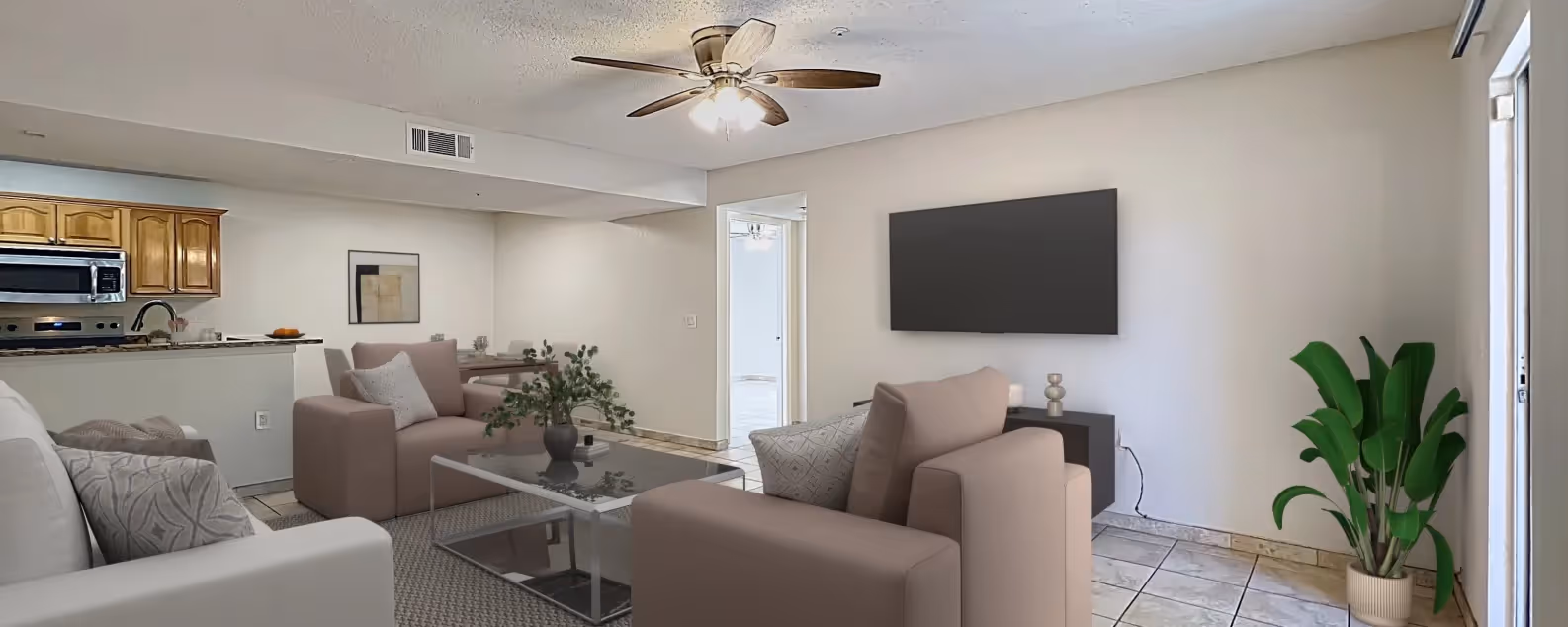 Virtually staged living area with view of kitchen