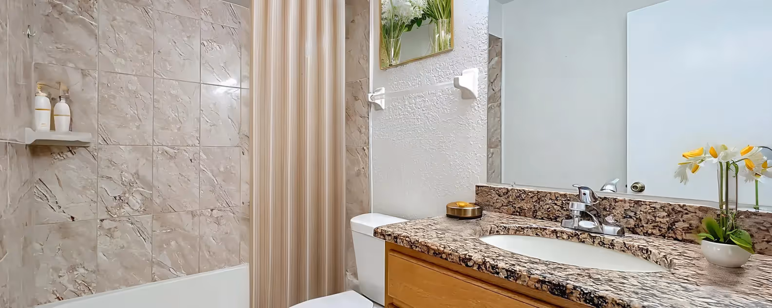 Bathroom with bath tub combo with shower curtain