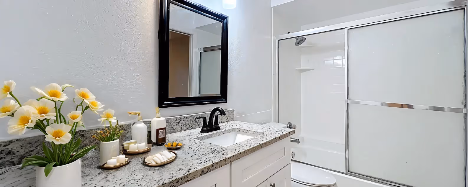 Bathroom with bath tub combo with shower curtain