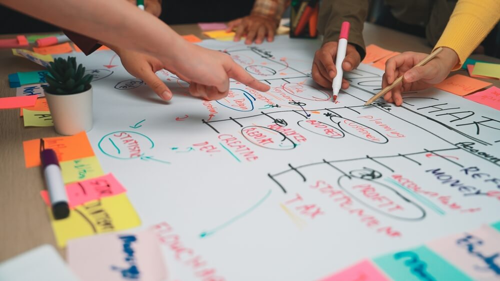 Collaboration in Action: Team Members Engaging in Brainstorming Session with Post-it Notes and Markers on Project Plan Chart SACTR