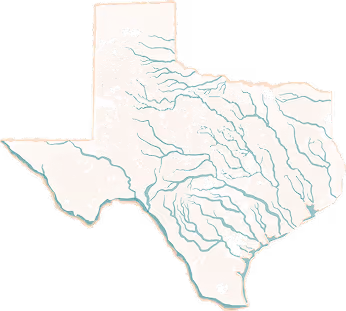 Map outline of Texas showing major rivers in blue and key lakes or reservoirs in black.