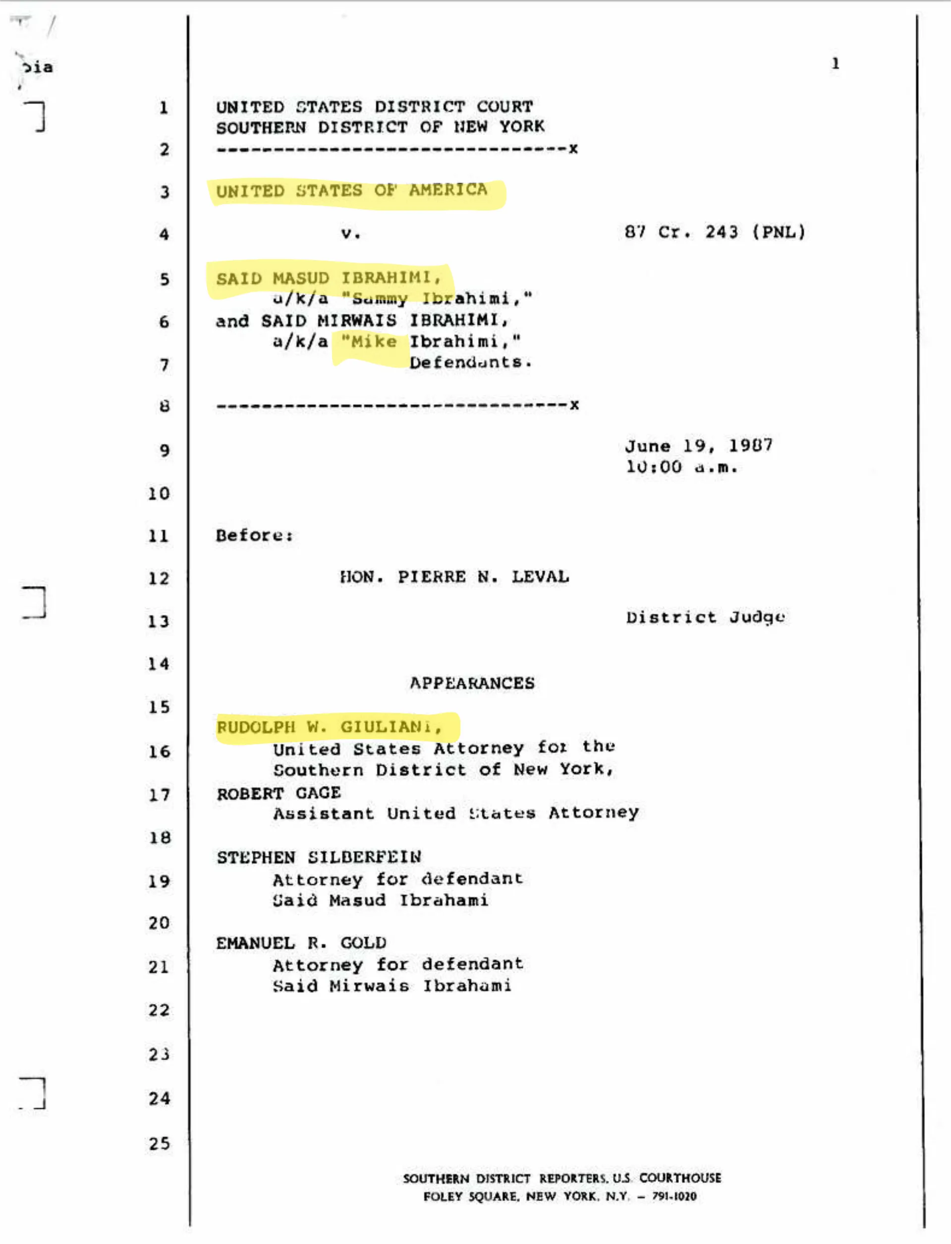Page from a 1987 United States District Court document for Southern District of New York case involving Said Masud Ibrahimi and Said Mirwais Ibrahimi, with appearances listed including Rudolph W. Giuliani as United States Attorney.
