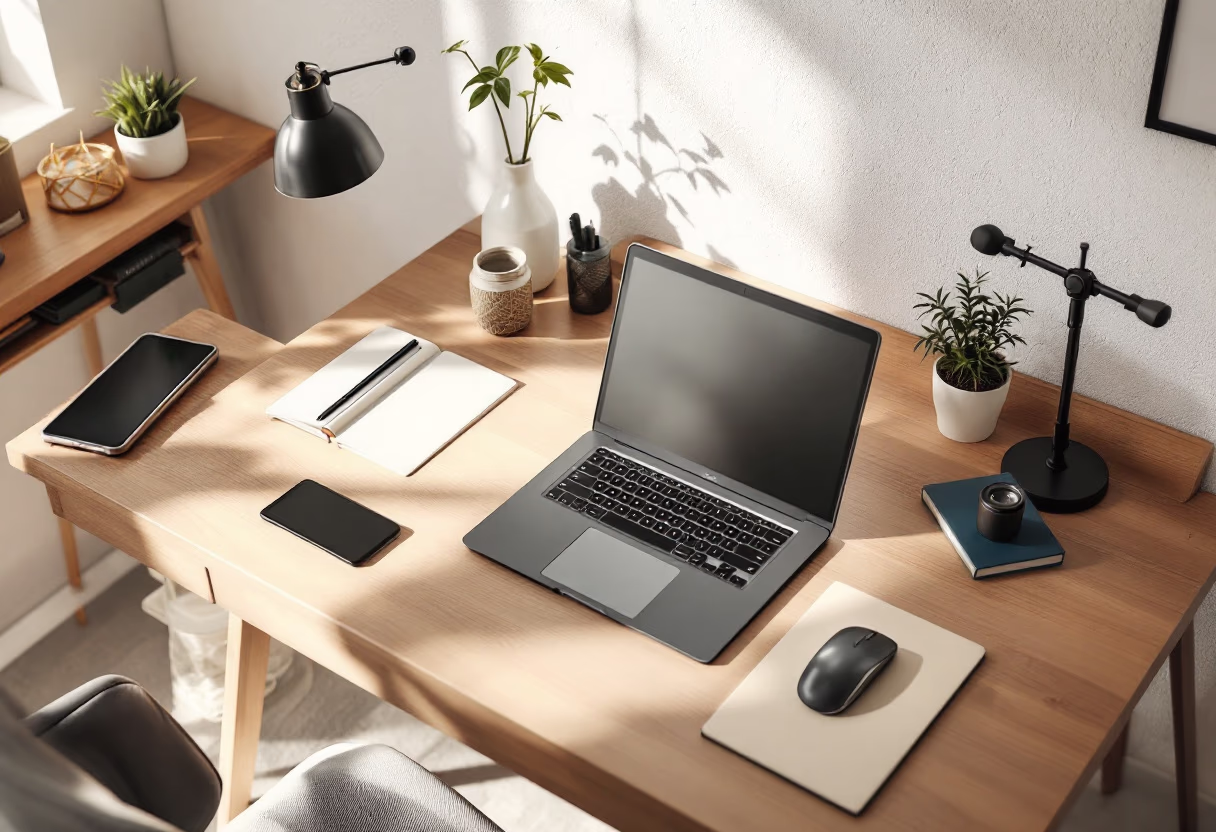 [background image] topdown photo of desk with laptop for a tech gadgets store