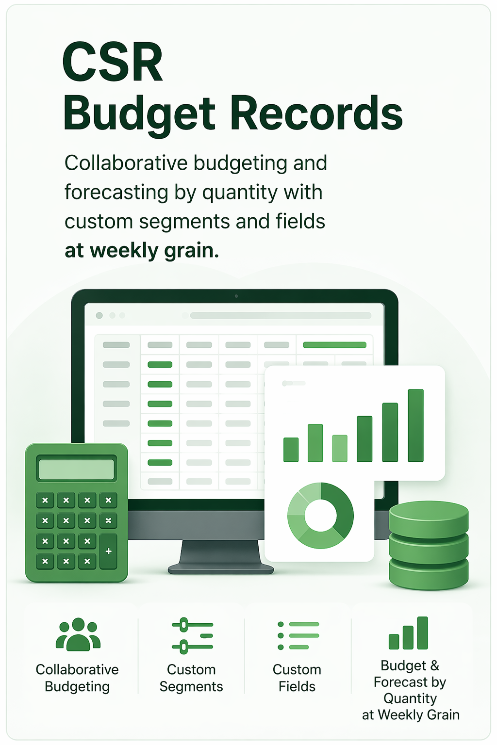 Conceptual illustration for CSR Budget Records: budgets and forecasts at weekly grain