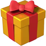 Yellow gift box wrapped with red ribbon and topped with a red bow.