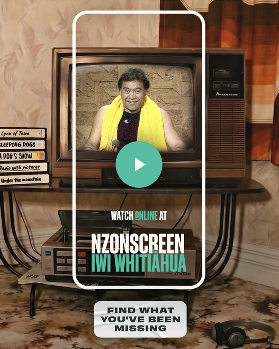 Vintage TV showing a presenter in a yellow scarf with a phone displaying NZ On Screen Iwi Whitiahua