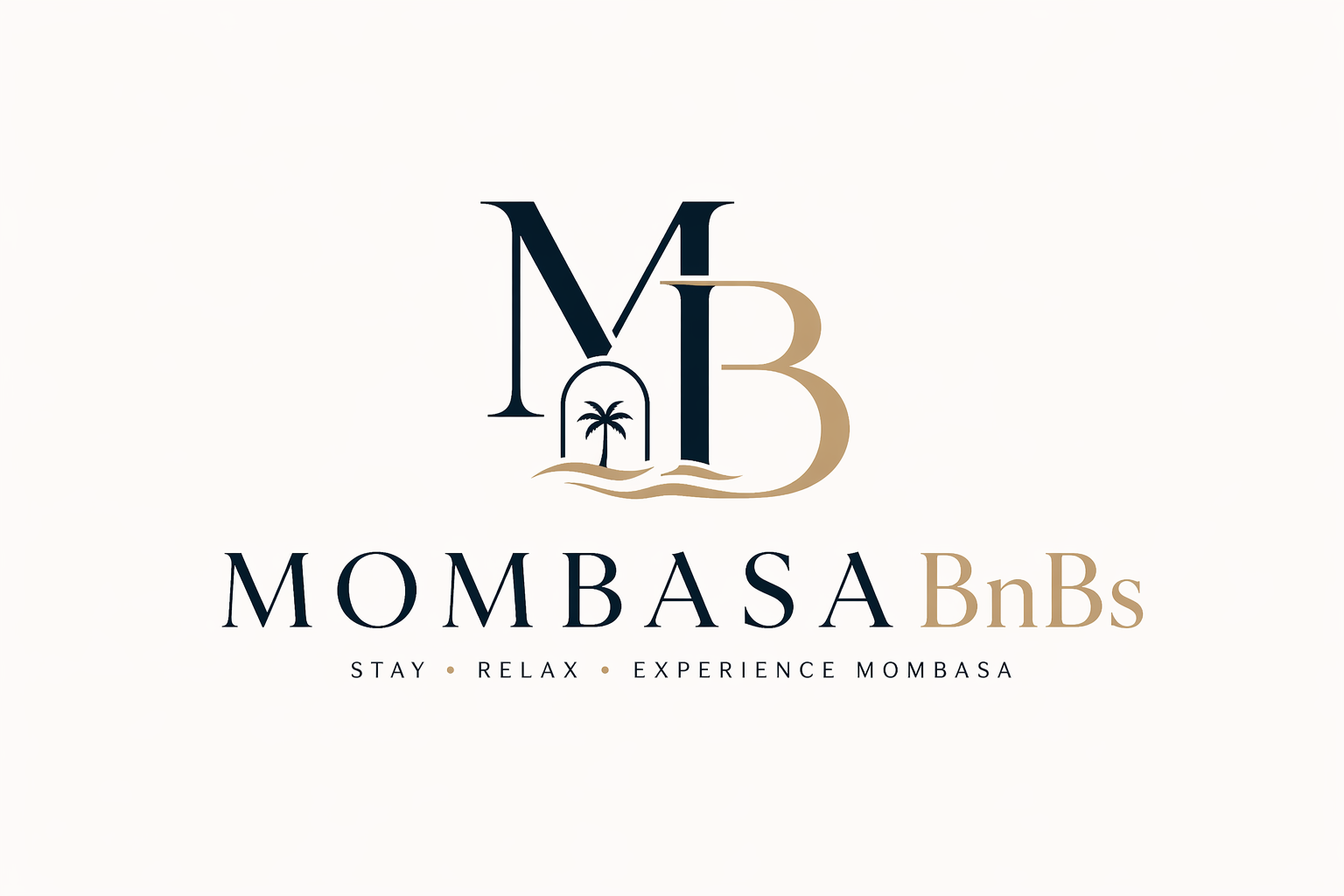 Logo for Mombasa BnBs with stylized letters M and B, palm tree, waves, and the tagline Stay Relax Experience Mombasa.