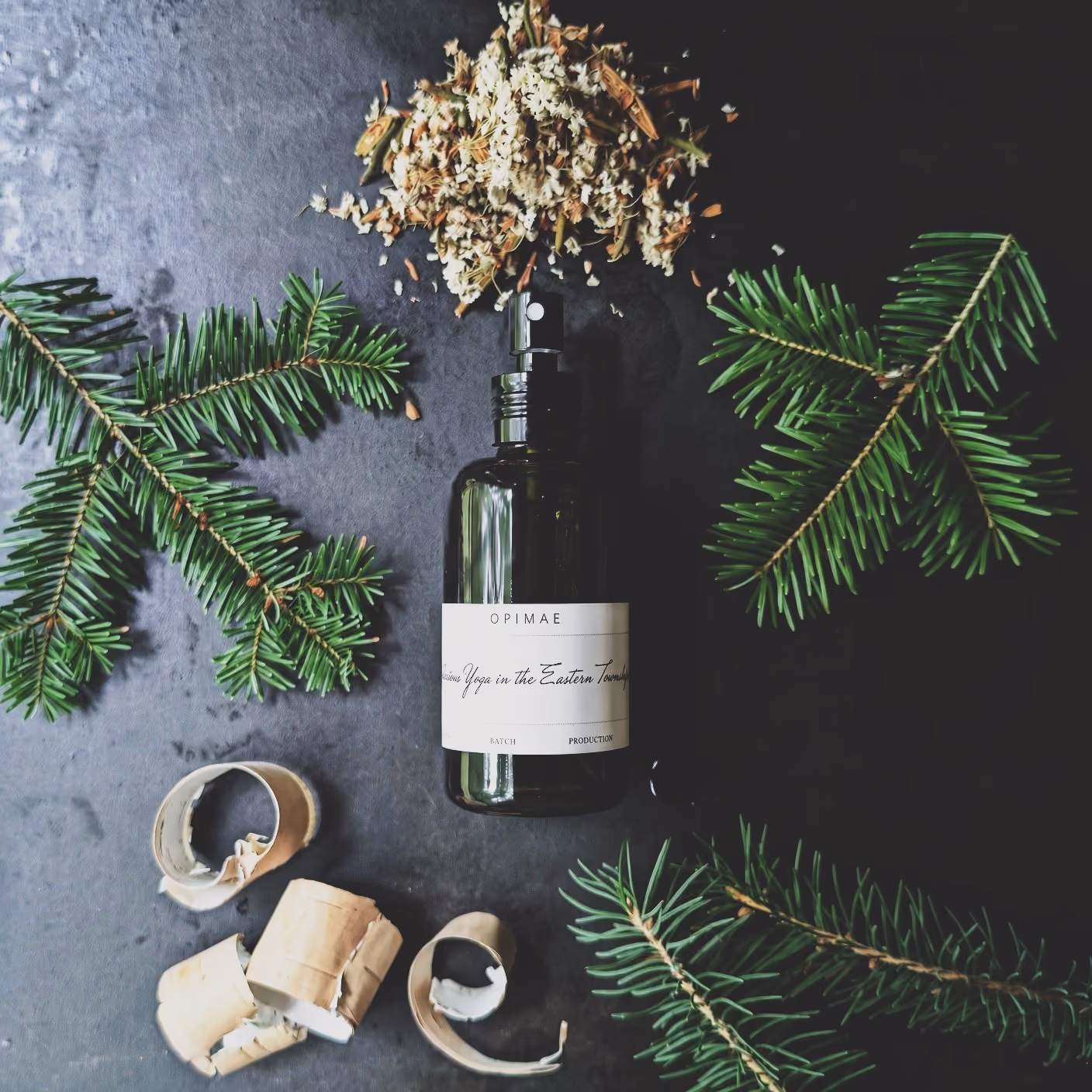 Opimae home perfume surrounded by its raw ingredients