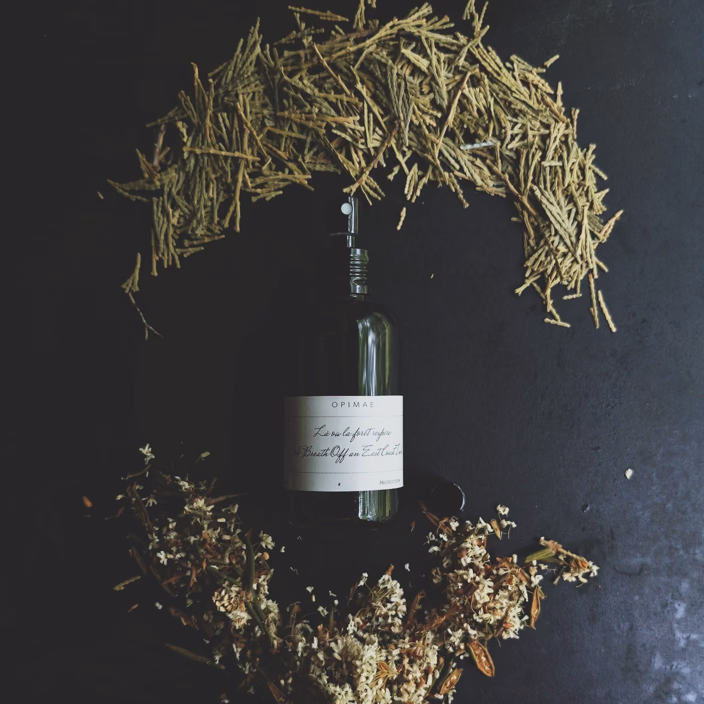 Opimae home perfume surrounded by its raw ingredients