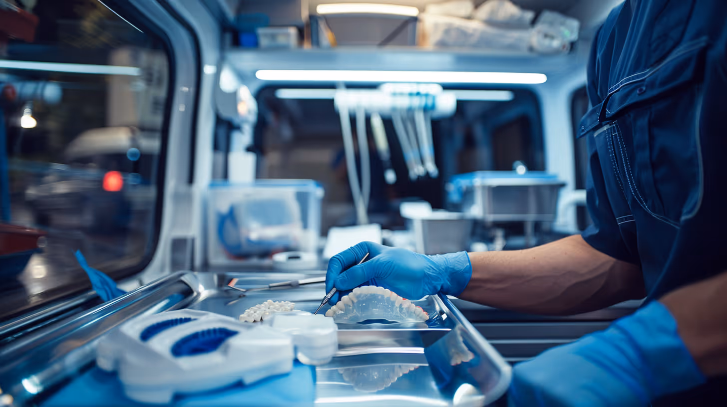Dental professional with blue gloves holding tool near dental molds on a metal tray inside mobile clinic.