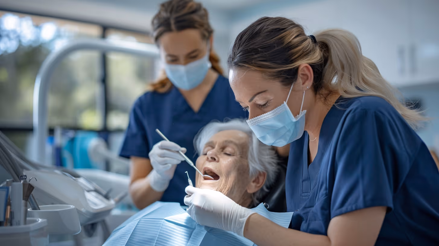 Dentist and assistant in masks examining elderly woman's teeth in a dental clinic.