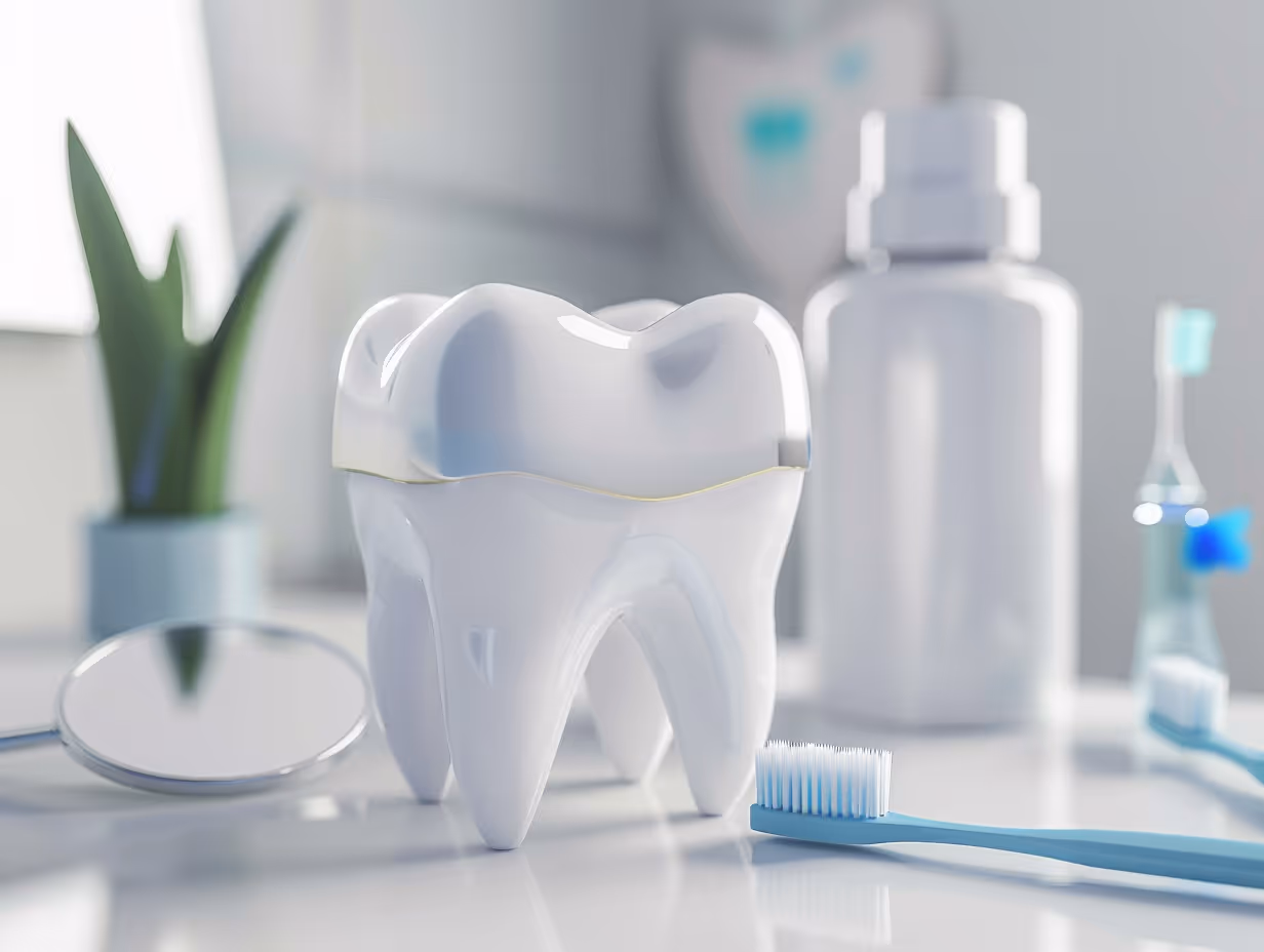Close-up of a large white tooth model with toothbrush, dental mirror, and mouthwash in the background.