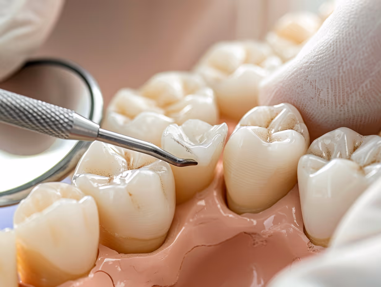 Dental tool examining a cavity in a model of a lower molar tooth with adjacent teeth.
