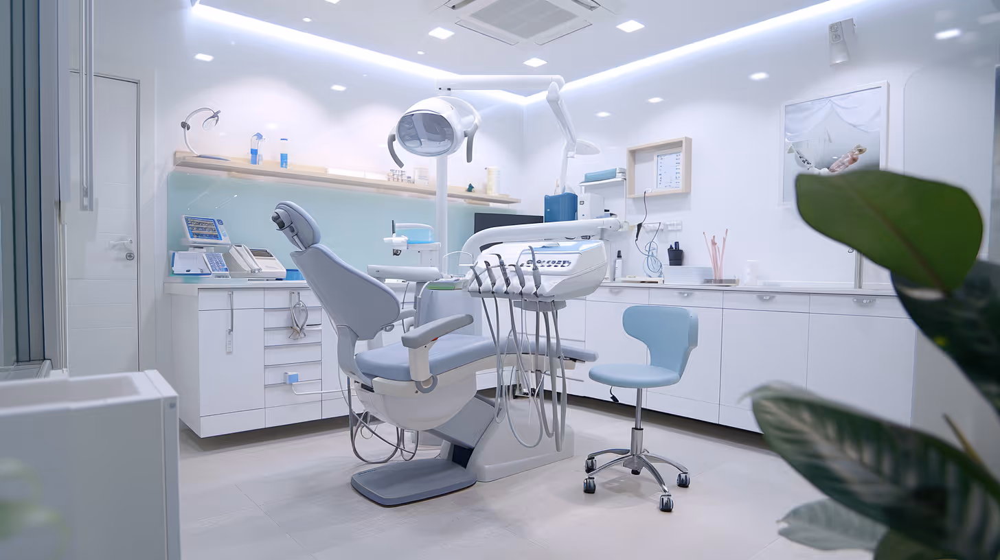 Modern dental clinic room with dental chair, dentist stool, equipment, and white cabinets.