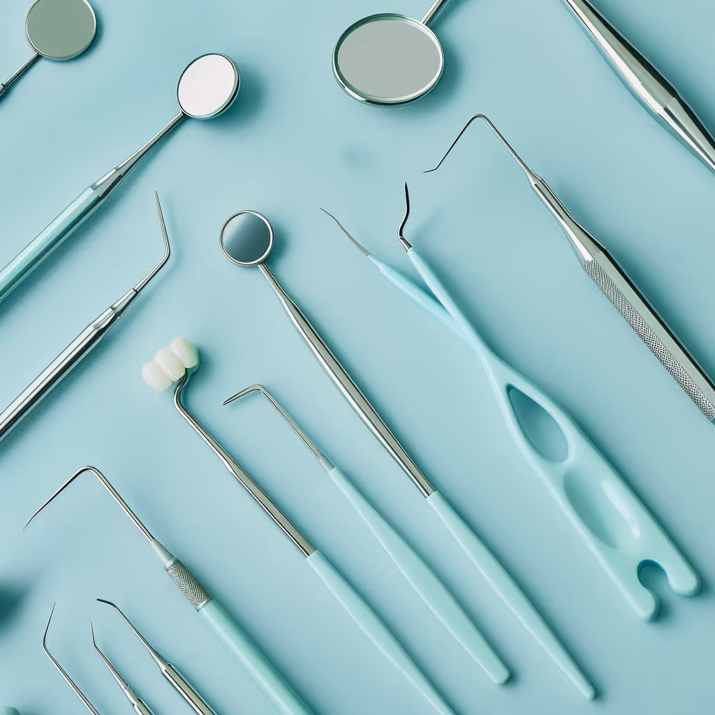 Set of stainless steel dental tools with blue handles on a blue background.