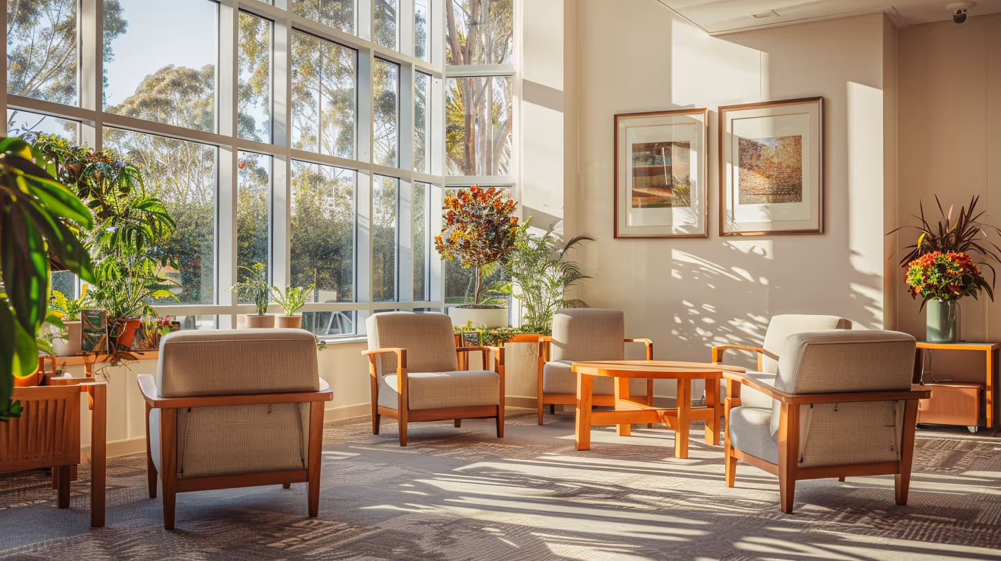 Sunlit seating area with four beige armchairs, wooden tables, and potted plants by large windows.