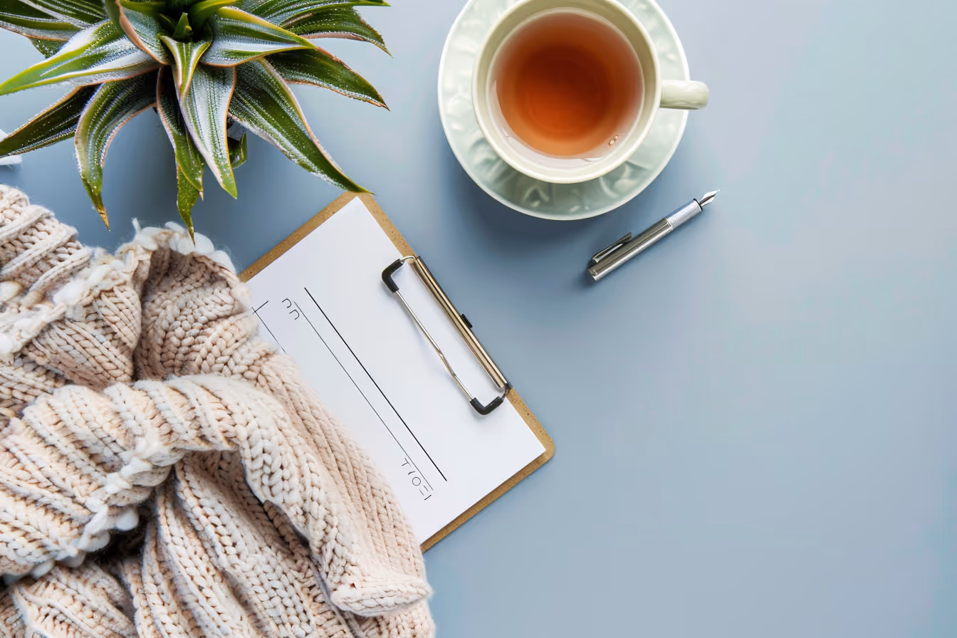 Top view of a knitted beige scarf, clipboard with paper, green plant, cup of tea, and silver pen on gray table.