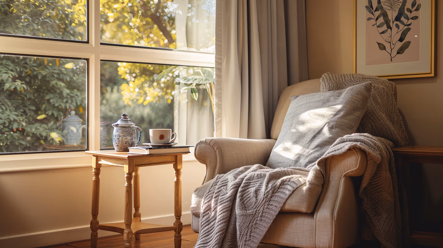 Cozy armchair with pillow and knit blanket next to a wooden table with teapot and cup by a sunlit window.