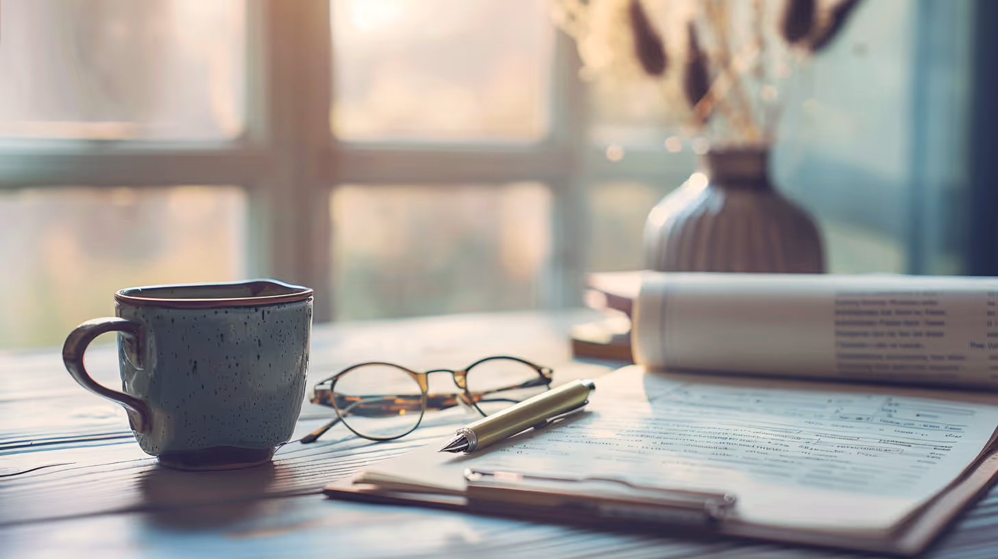 Coffee cup, eyeglasses, pen, and clipboard with documents on a wooden table near a window.