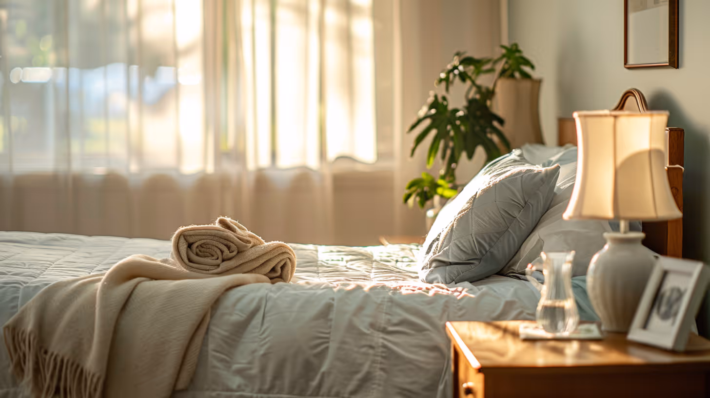 Sunlit cozy bedroom with neatly made bed, rolled towels, bedside lamp, plant, and sheer curtains.