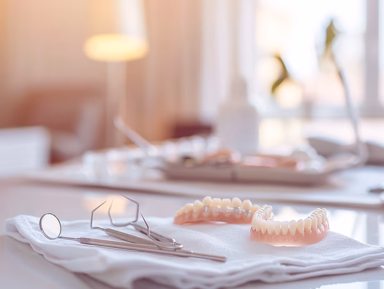 Dental tools and dentures placed on a white cloth in a bright dental clinic setting.