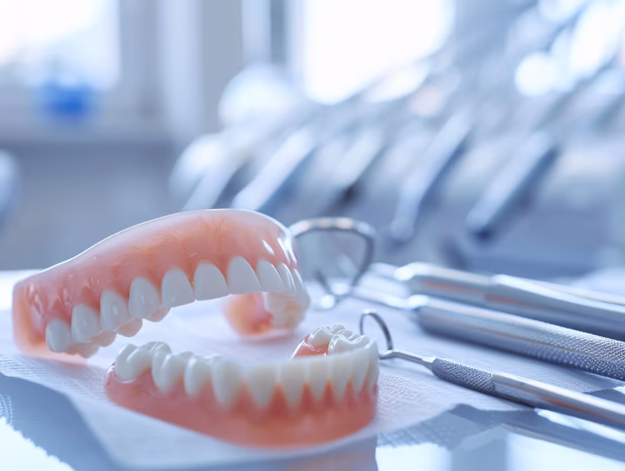 Upper and lower dentures beside dental tools on a white cloth in a dental clinic.
