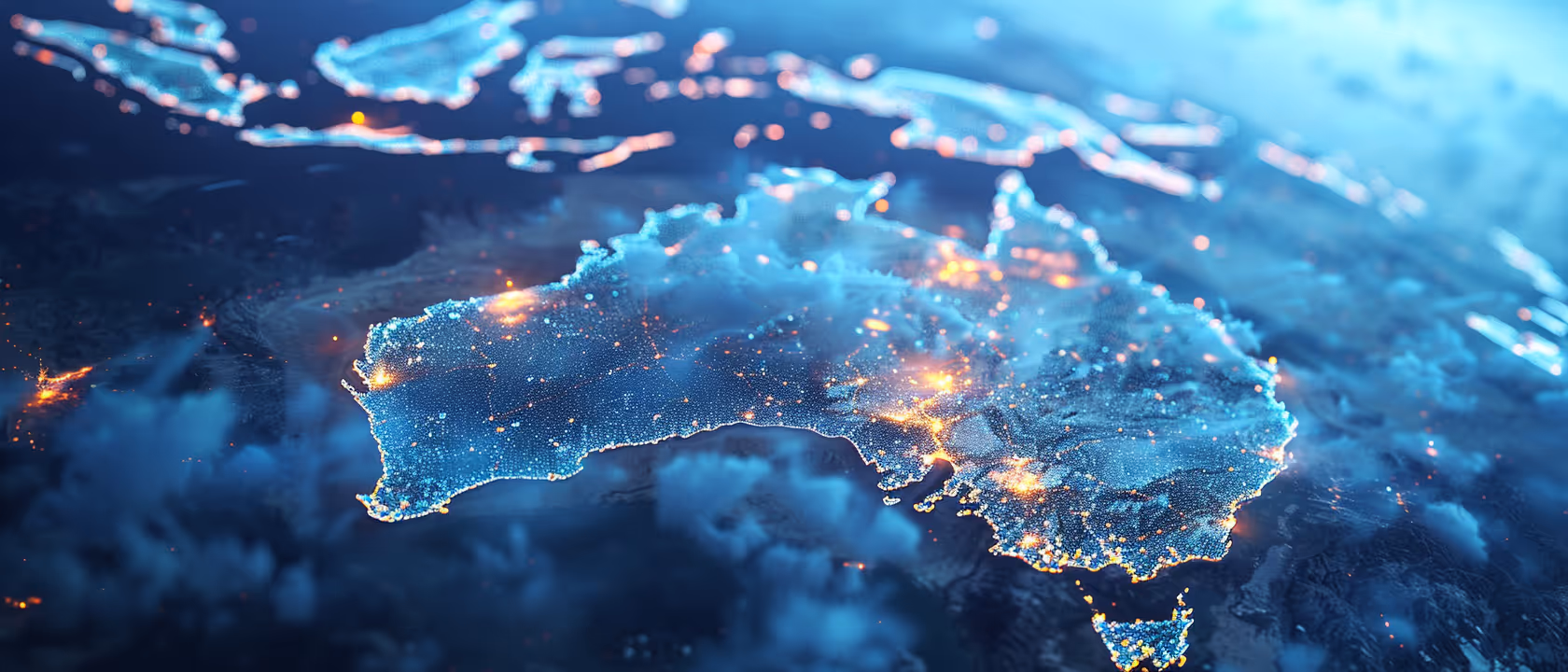 Digital 3D map of Australia with glowing city lights and network connections at night.