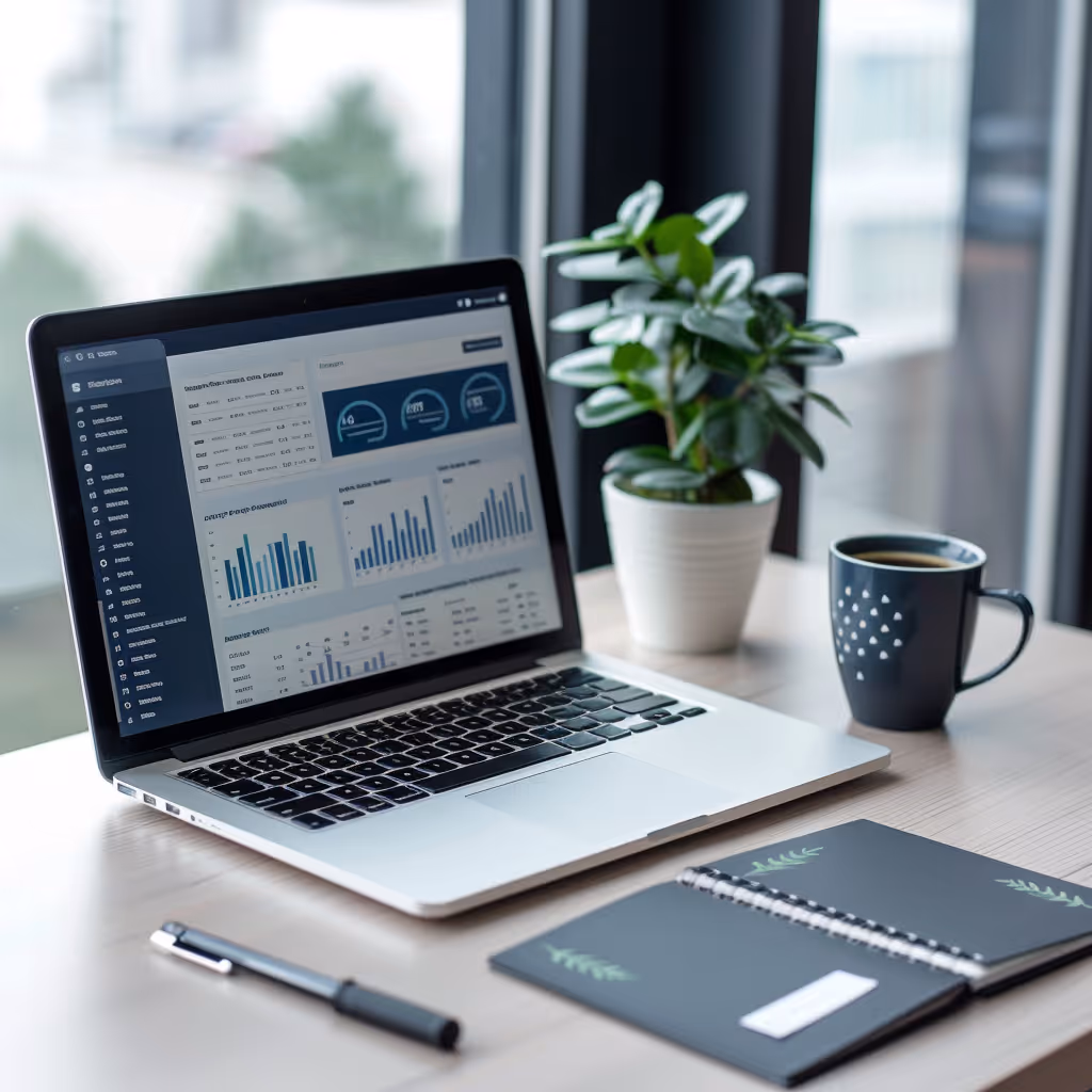 Laptop on desk displaying data charts, next to a plant, coffee mug, notebook, and pen.
