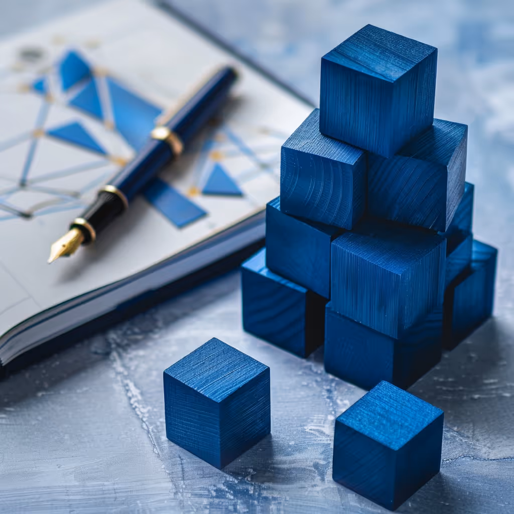 Stack of blue wooden cubes with two cubes separate next to an open notebook and fountain pen.