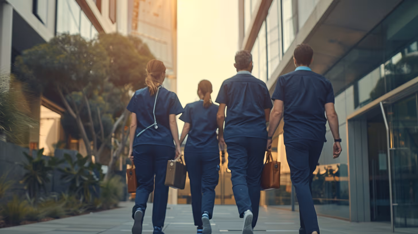 Four medical professionals walking away on a city sidewalk carrying briefcases at sunset.