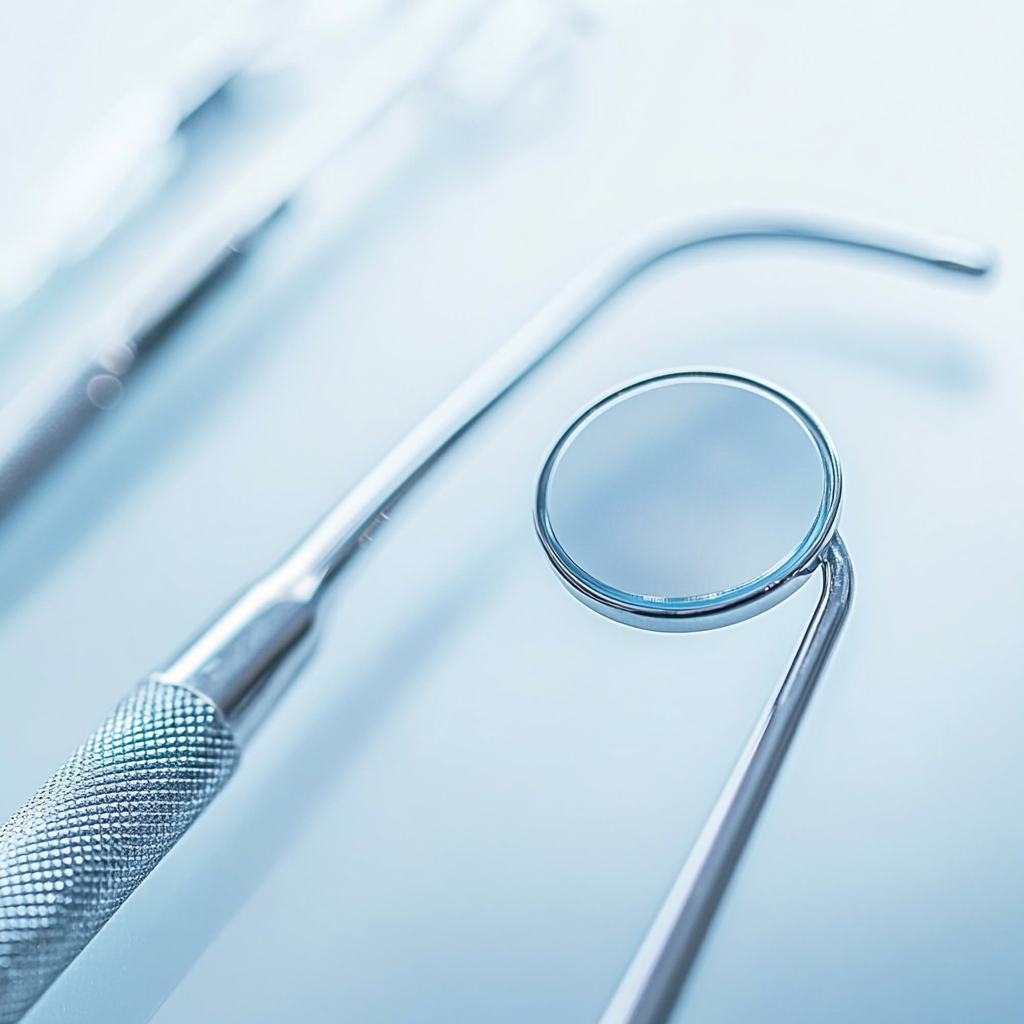 Close-up of stainless steel dental mirror and explorer tools on a reflective surface.