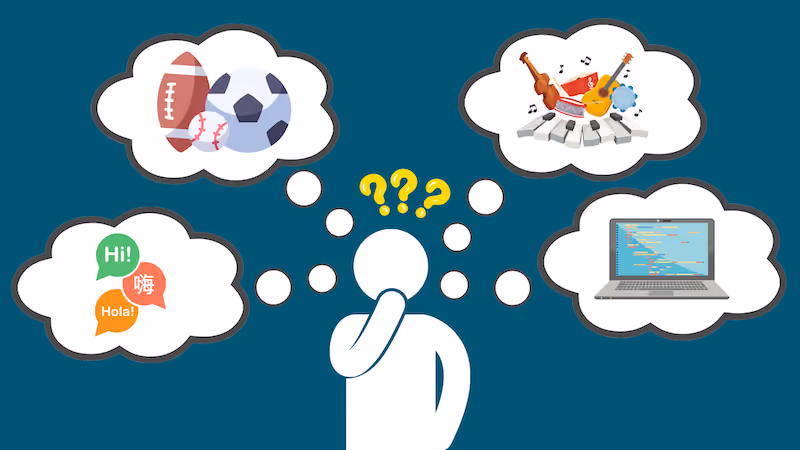 A graphic of a person thinking which activity to choose - language, sports, music or coding.