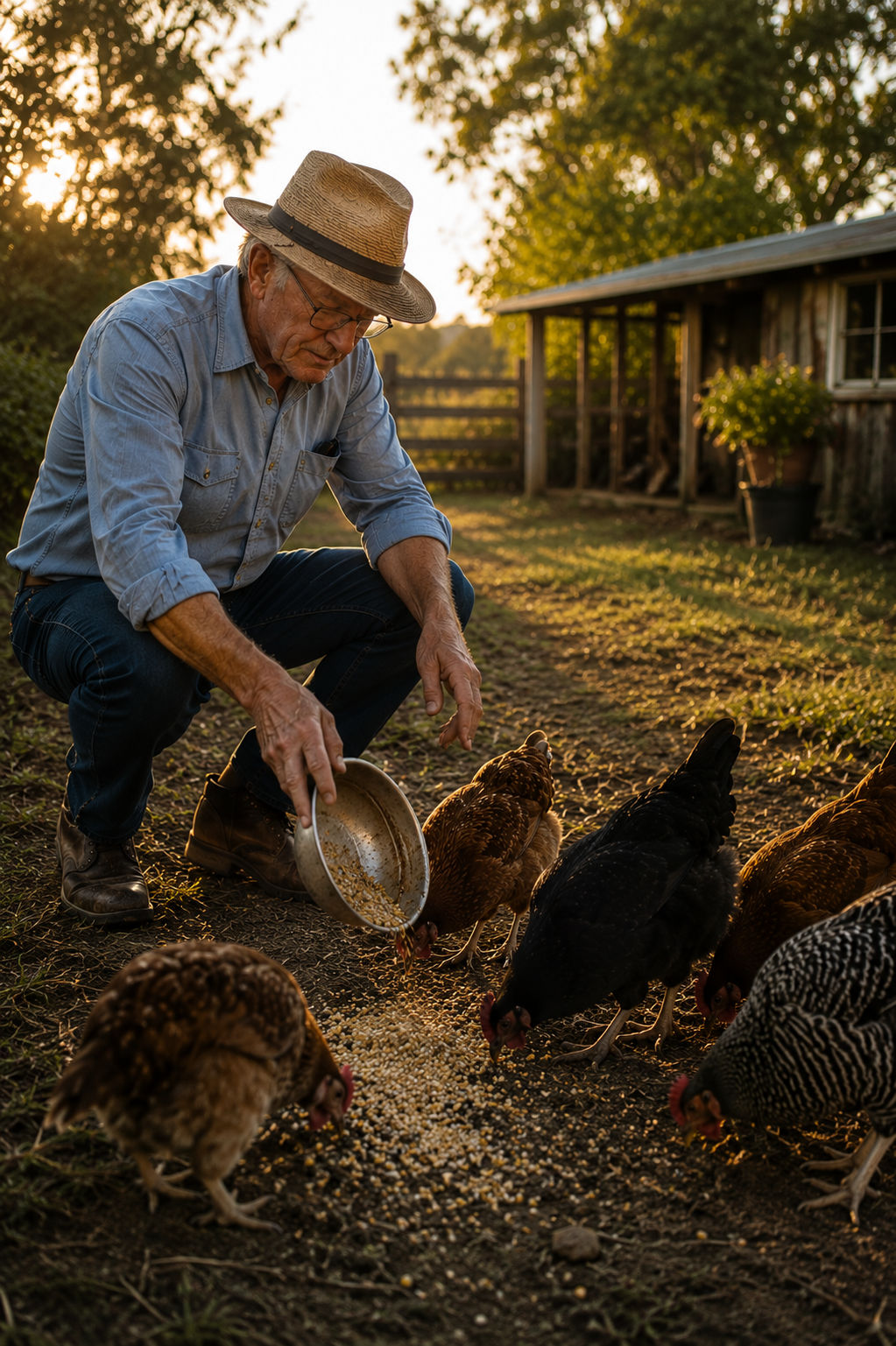 man feeding chickens