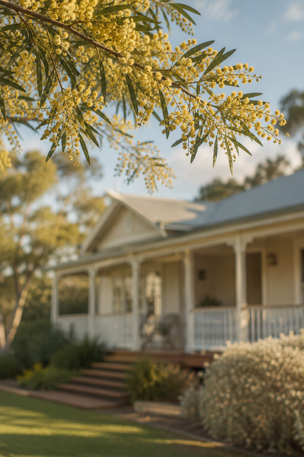 house in background, wattle plant in foreground