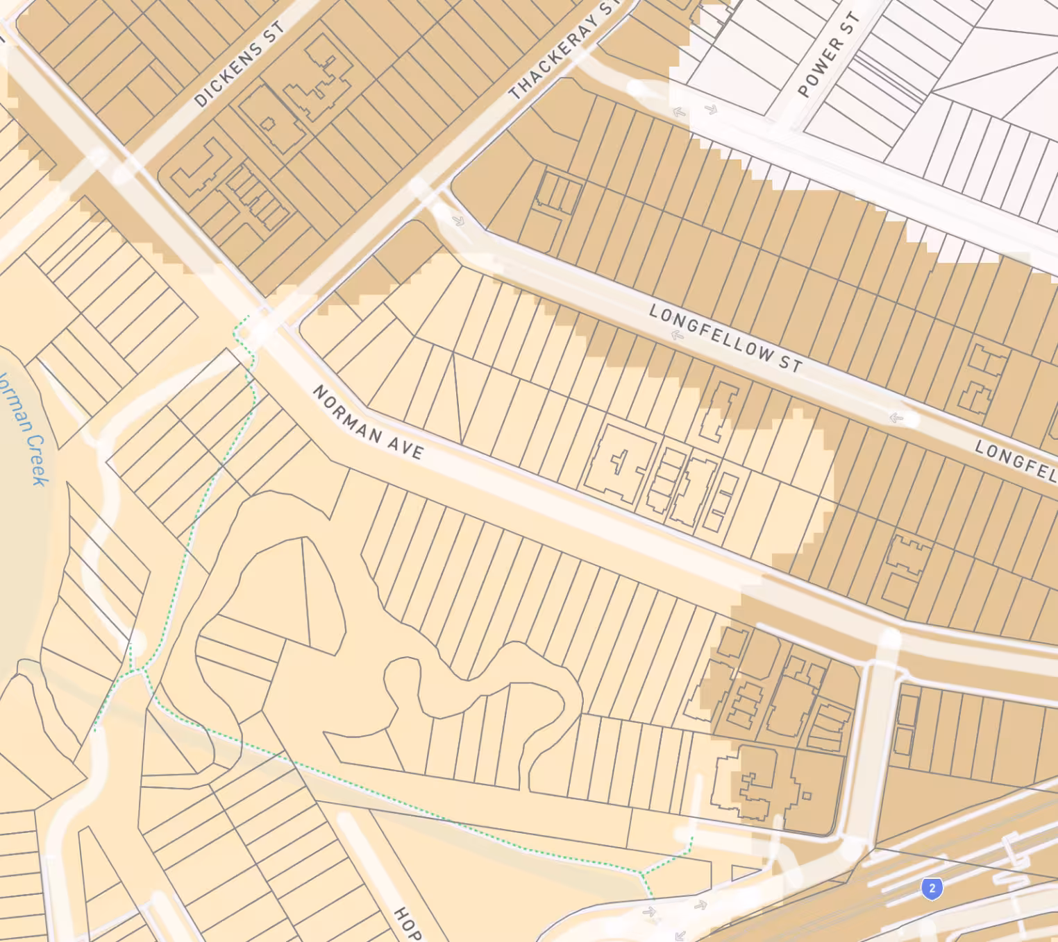 Map showing streets including Norman Ave, Longfellow St, Thackeray St, and Dickens St with property outlines.