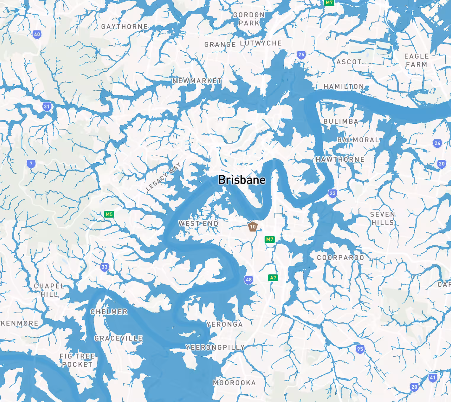 Map showing Brisbane and surrounding suburbs with river branches and major roads labeled.