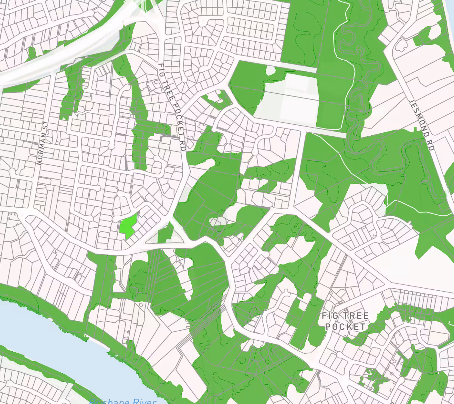 Map of Fig Tree Pocket area showing streets, residential blocks, green spaces, and Brisbane River.