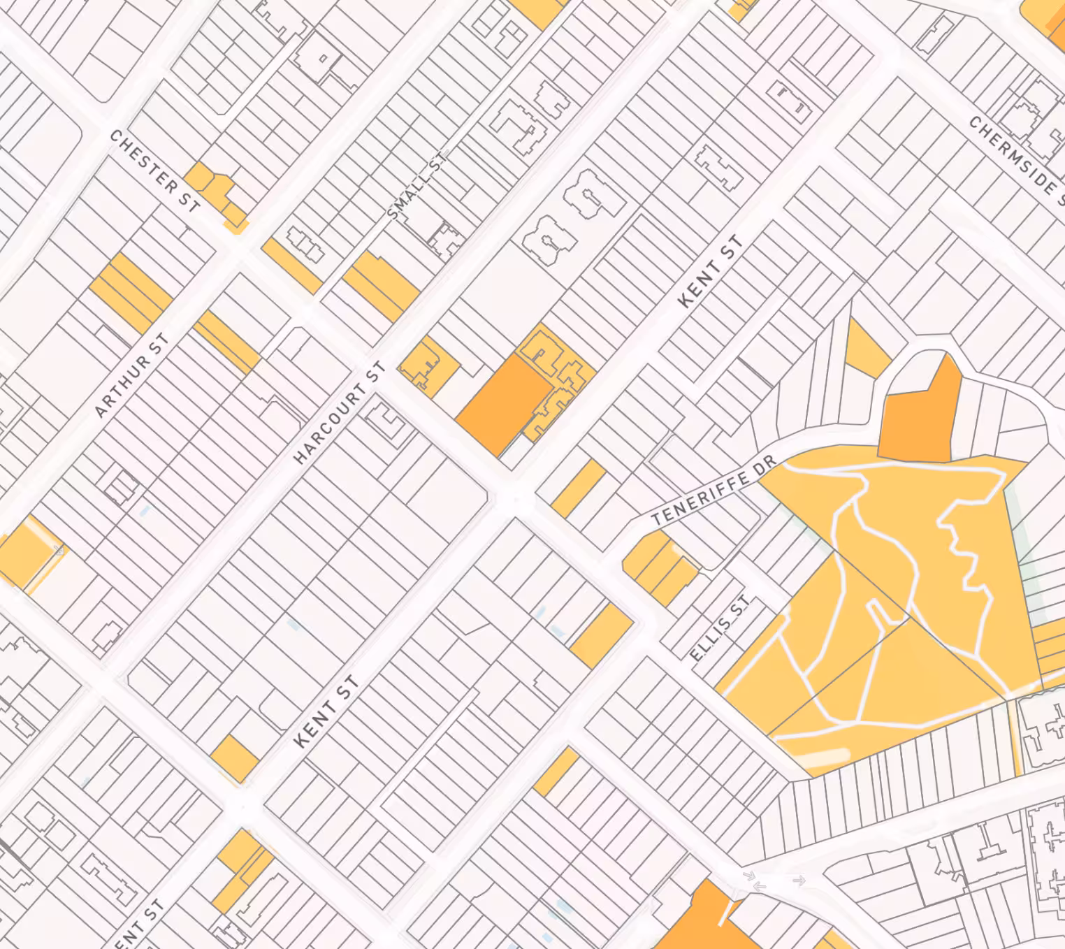 Map showing streets and highlighted buildings, including Chester St, Arthur St, Kent St, and Teneriffe Dr.