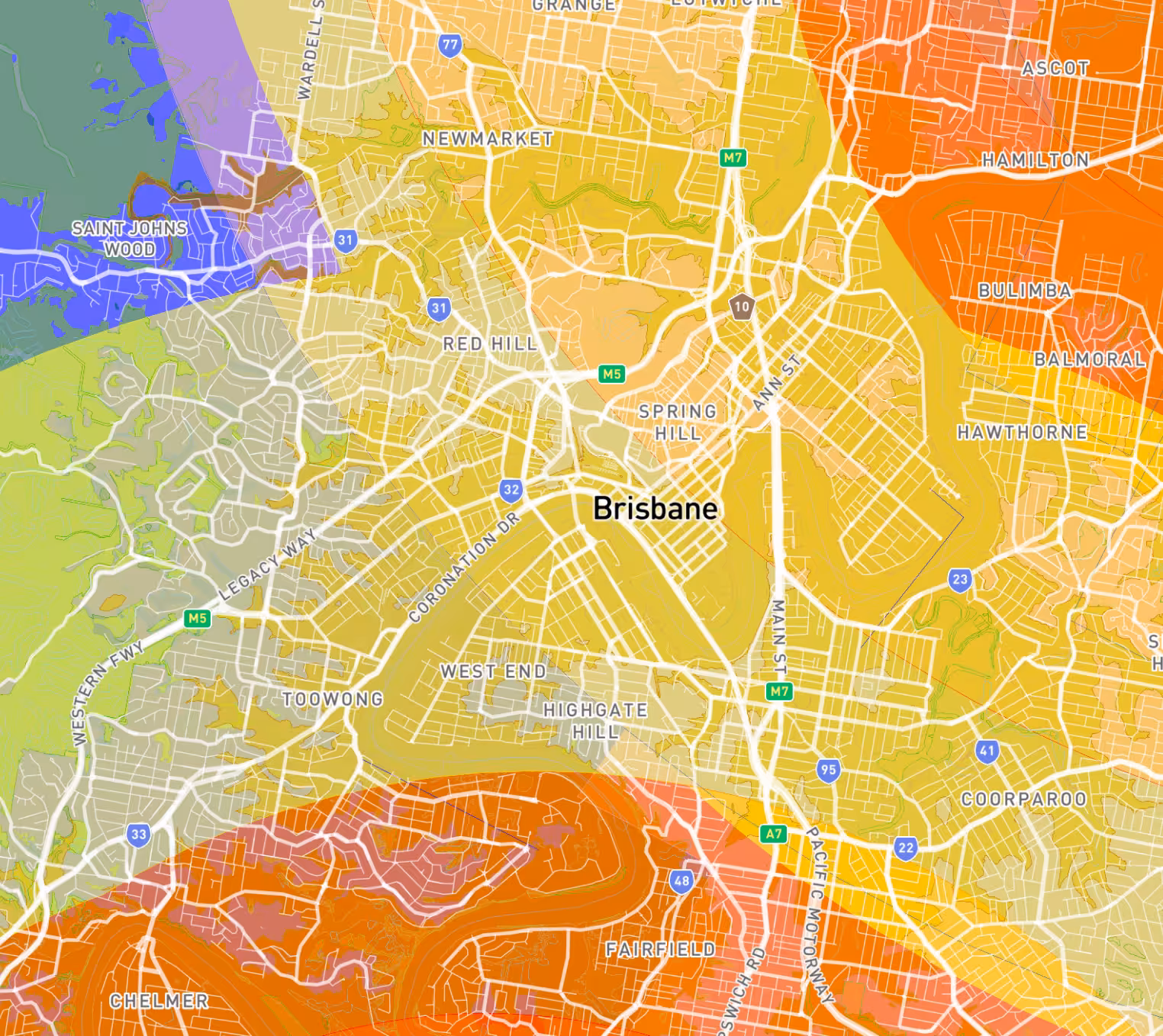 Color-coded map showing Brisbane and surrounding suburbs with roads and highways labeled.