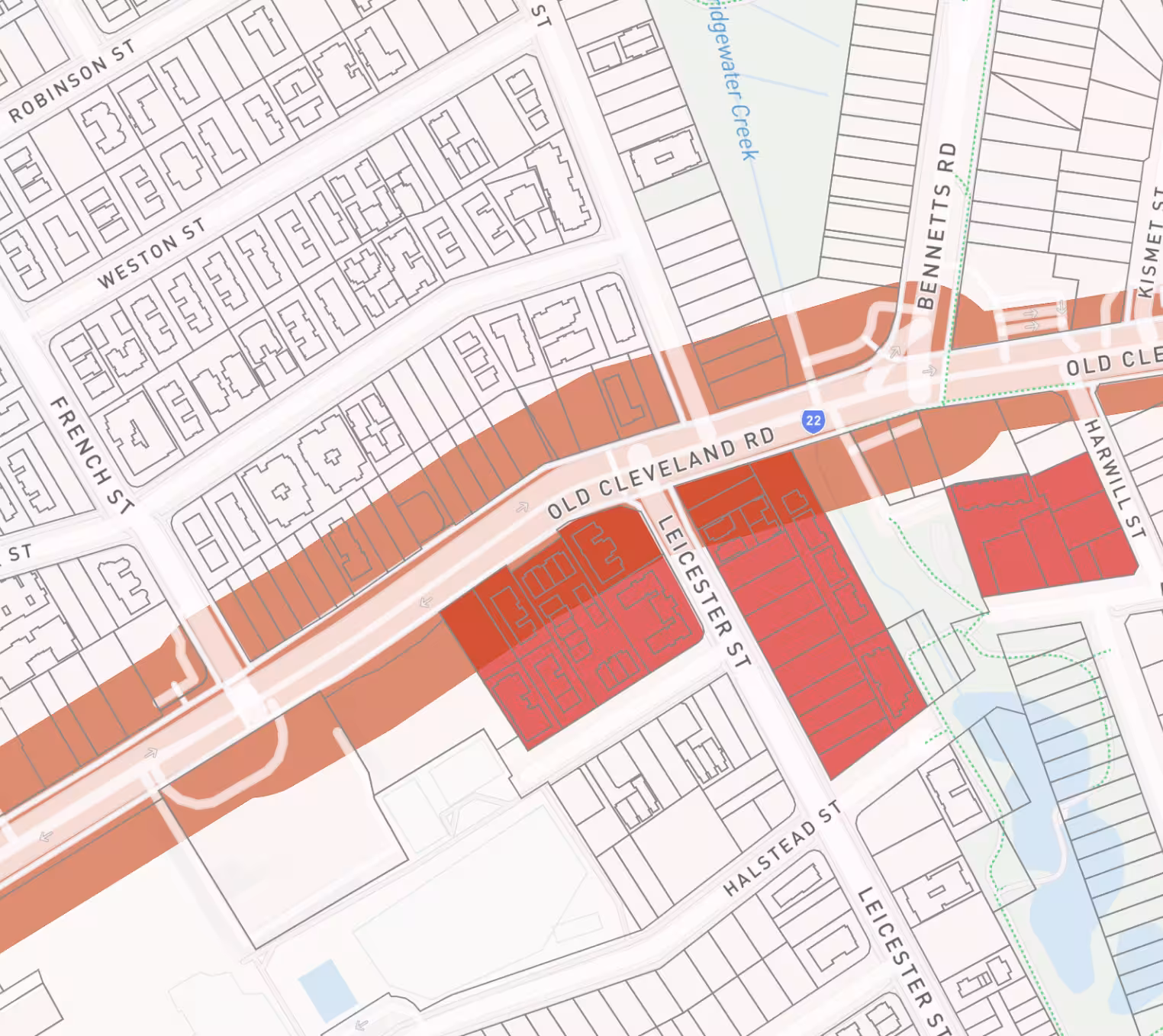 Map showing Old Cleveland Rd with highlighted zones near Leicester St, Bennetts Rd, and Harwill St.