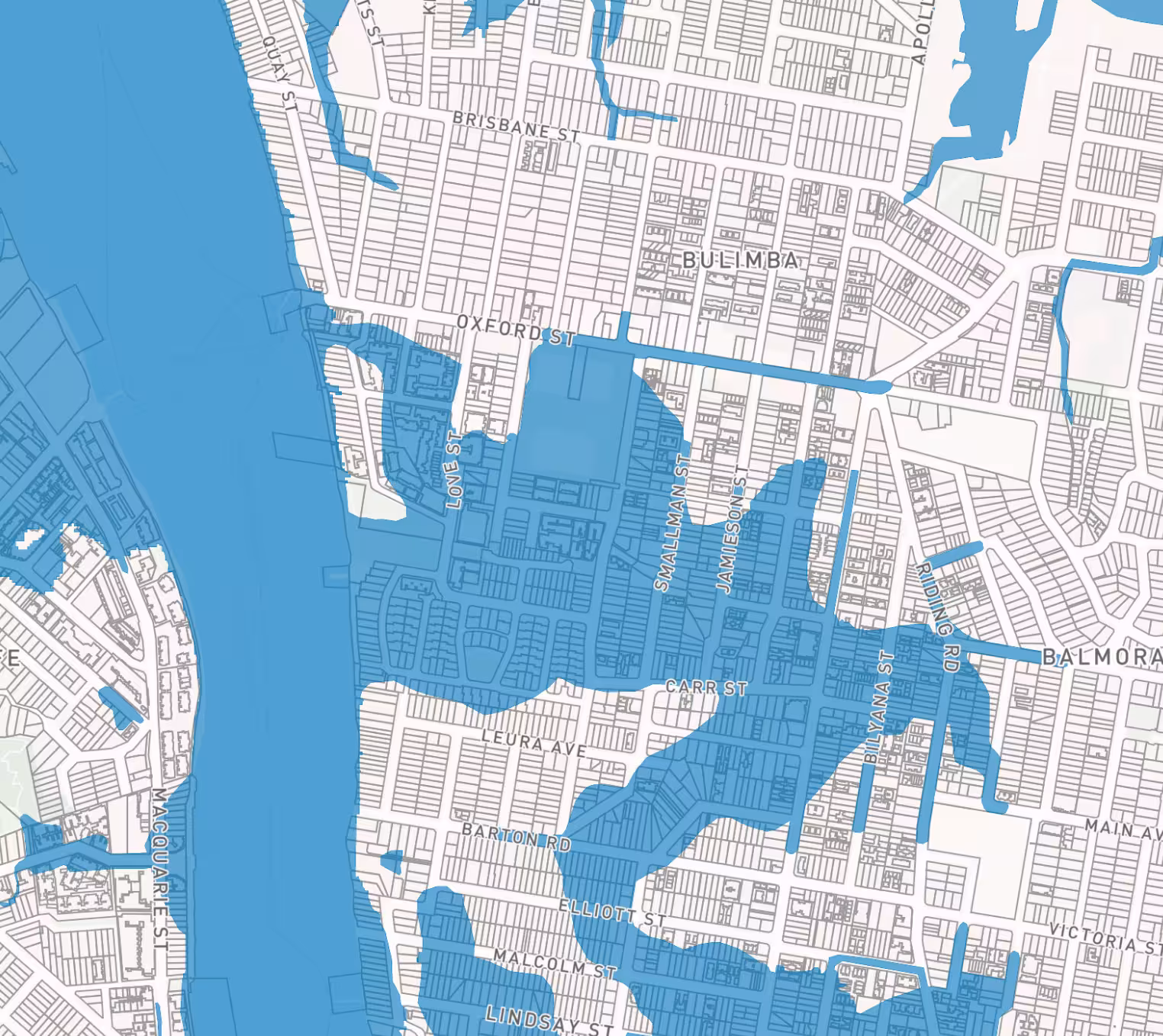 Map of Bulimba area with streets and waterways highlighted in blue and gray background.