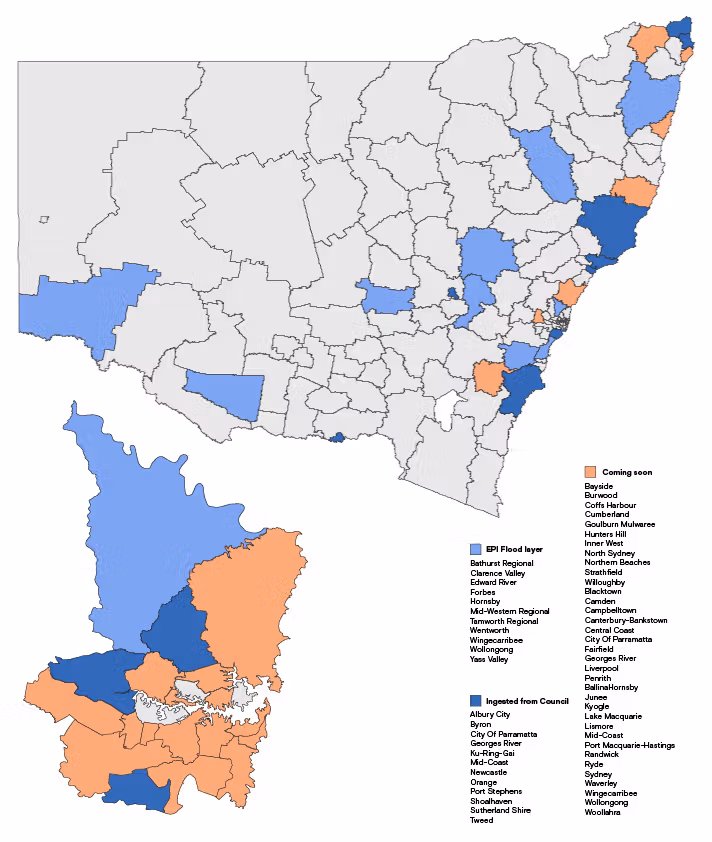 Map of New South Wales local government areas showing which areas Landchecker has coverage for and will have coverage for in the future
