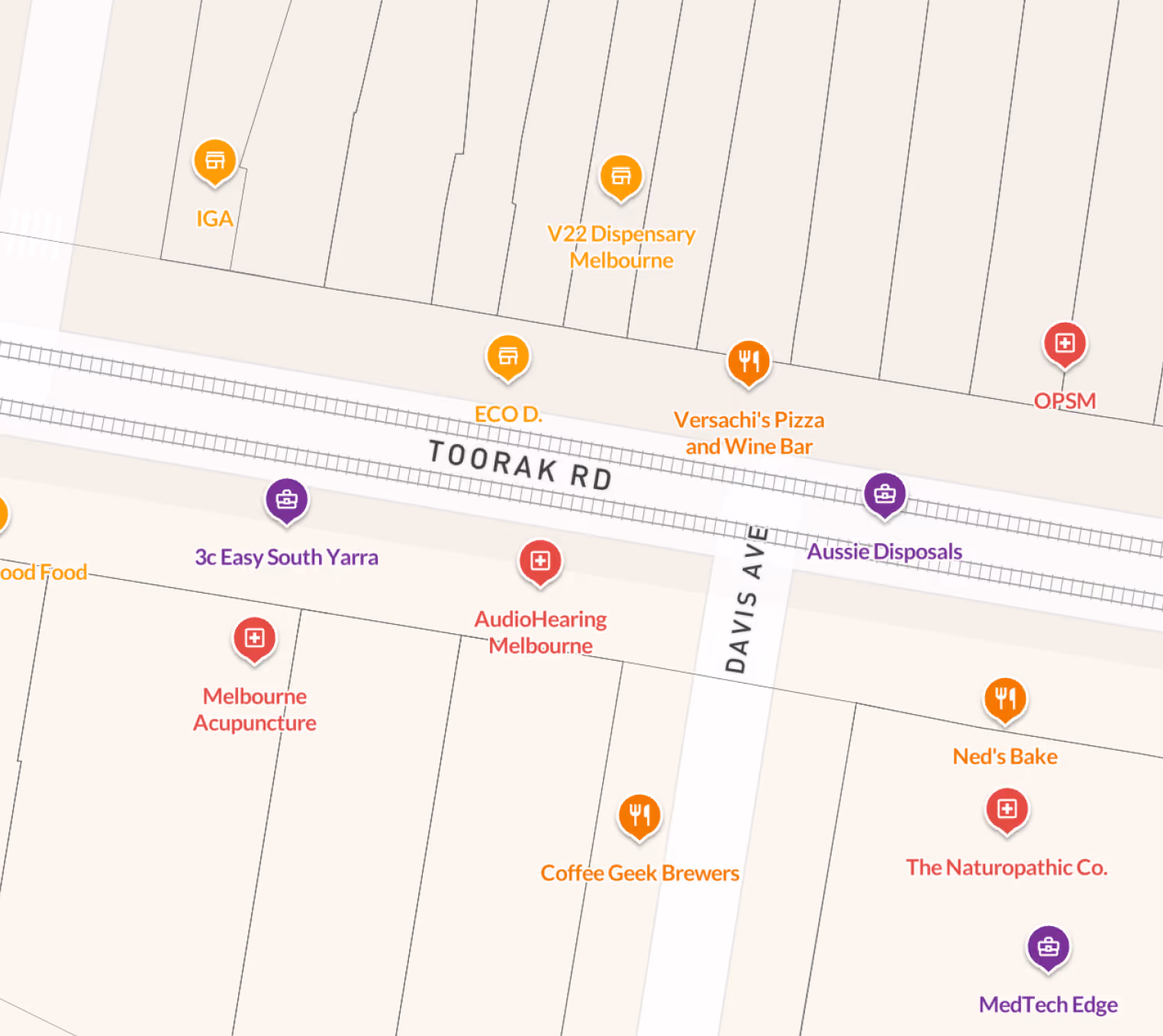 Map segment showing Toorak Road and Davis Avenue with locations such as IGA, V22 Dispensary Melbourne, ECO D., Versachi's Pizza and Wine Bar, OPSM, 3c Easy South Yarra, Aussie Disposals, Melbourne Acupuncture, Audio Hearing Melbourne, Coffee Geek Brewers, Ned's Bake, The Naturopathic Co., and MedTech Edge.