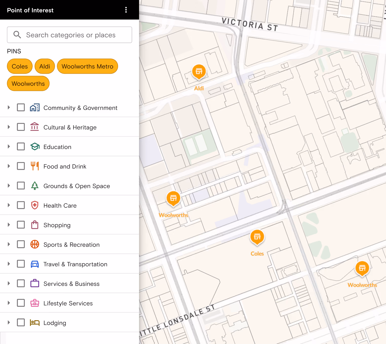 Map interface showing points of interest with pins for Coles, Aldi, Woolworths Metro, and Woolworths stores in an urban area. The map includes streets labeled Victoria St and Little Lonsdale St. On the left is a sidebar with a search bar for categories or places and a list of categories like Community & Government, Cultural & Heritage, Education, Food and Drink, Grounds & Open Space, Health Care, Shopping, Sports & Recreation, Travel & Transportation, Services & Business, Lifestyle Services, and Lodging. Several store locations are marked with orange icons labeled Aldi, Woolworths, Coles, and another Woolworths.