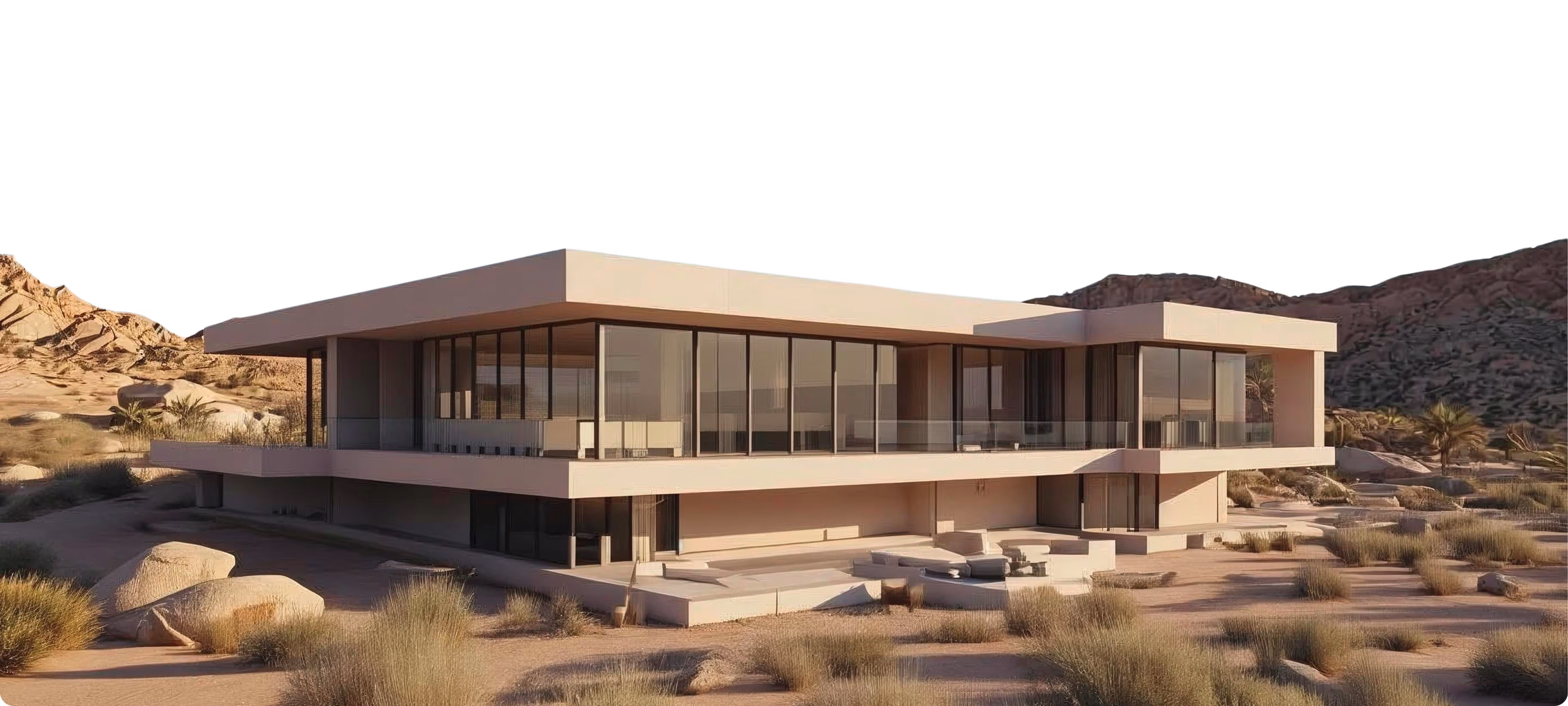 Modern two-story house with large glass windows and surrounding desert landscape with rocks and sparse vegetation.