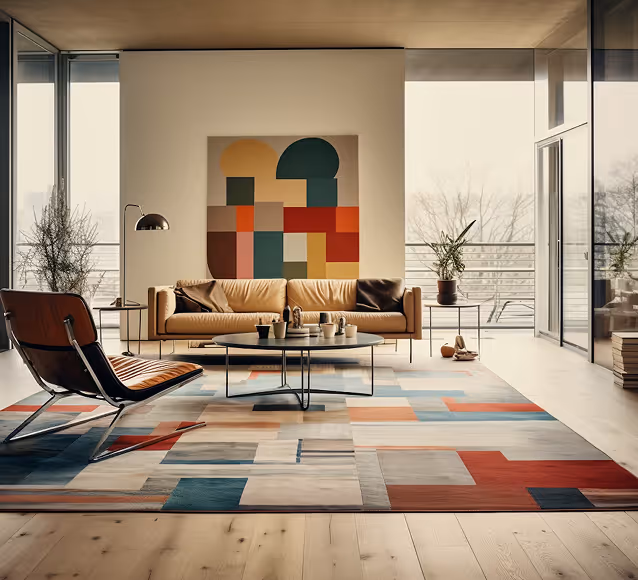 Modern living room with tan leather sofa, black metal framed chair, geometric abstract wall art, round coffee table, and large colorful patterned rug.