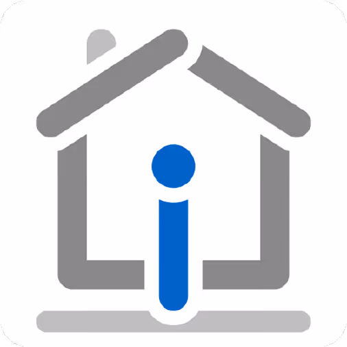 Icon of a house with a blue lowercase letter i inside, symbolizing home information.