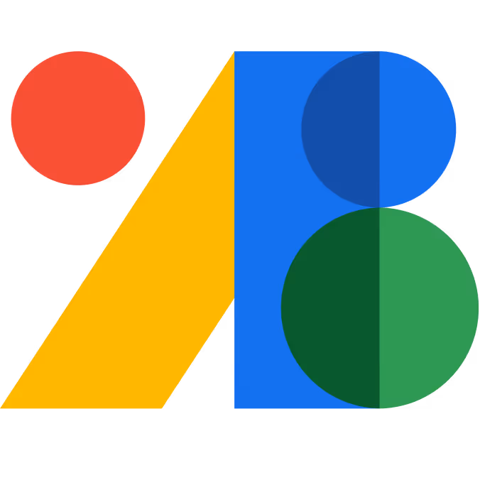 Abstract geometric design with a red circle, yellow triangle, blue rectangle with a semi-circle, and green circle overlapping on a black background.